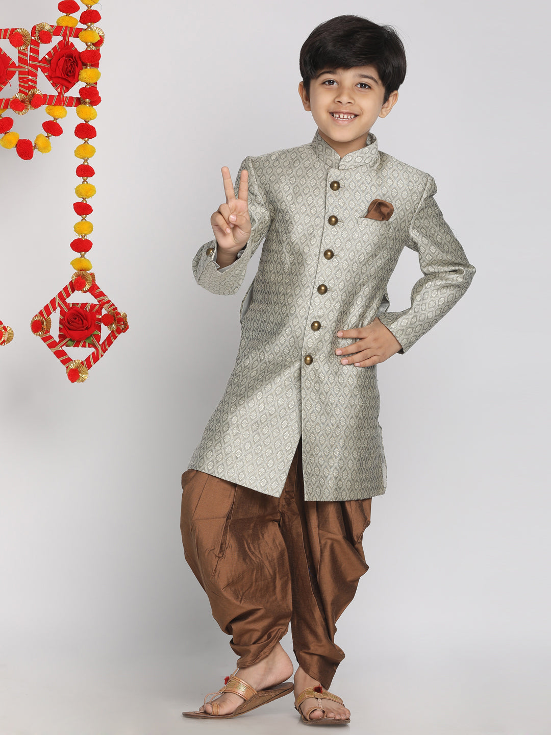 Vastramay  Boys Grey Indo Western Jacquard Sherwani and Dhoti Pant Set