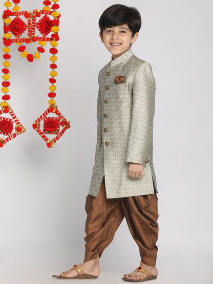 Vastramay  Boys Grey Indo Western Jacquard Sherwani and Dhoti Pant Set