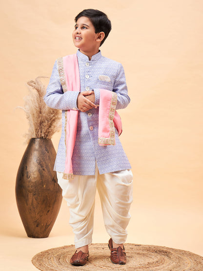 VASTRAMAY Boys Lavender Indo Western Jacquard Sherwani and Dhoti Pant Set Come With Pinjk Dupatta