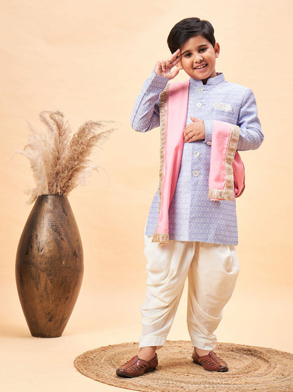 VASTRAMAY Boys Lavender Indo Western Jacquard Sherwani and Dhoti Pant Set Come With Pinjk Dupatta