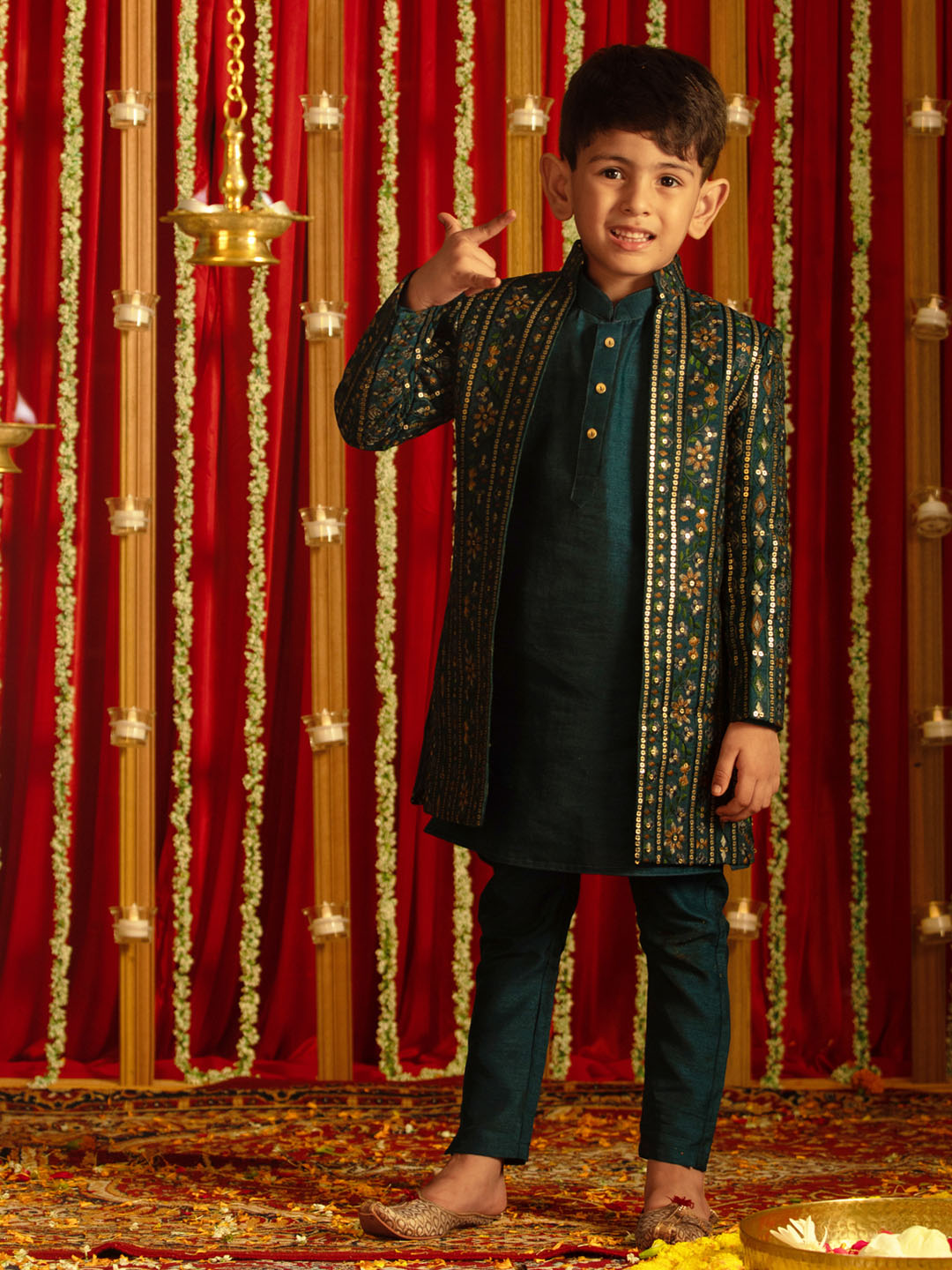 VASTRAMAY Boys' Turquoise Blue Flapped Embroidered Sherwani Set