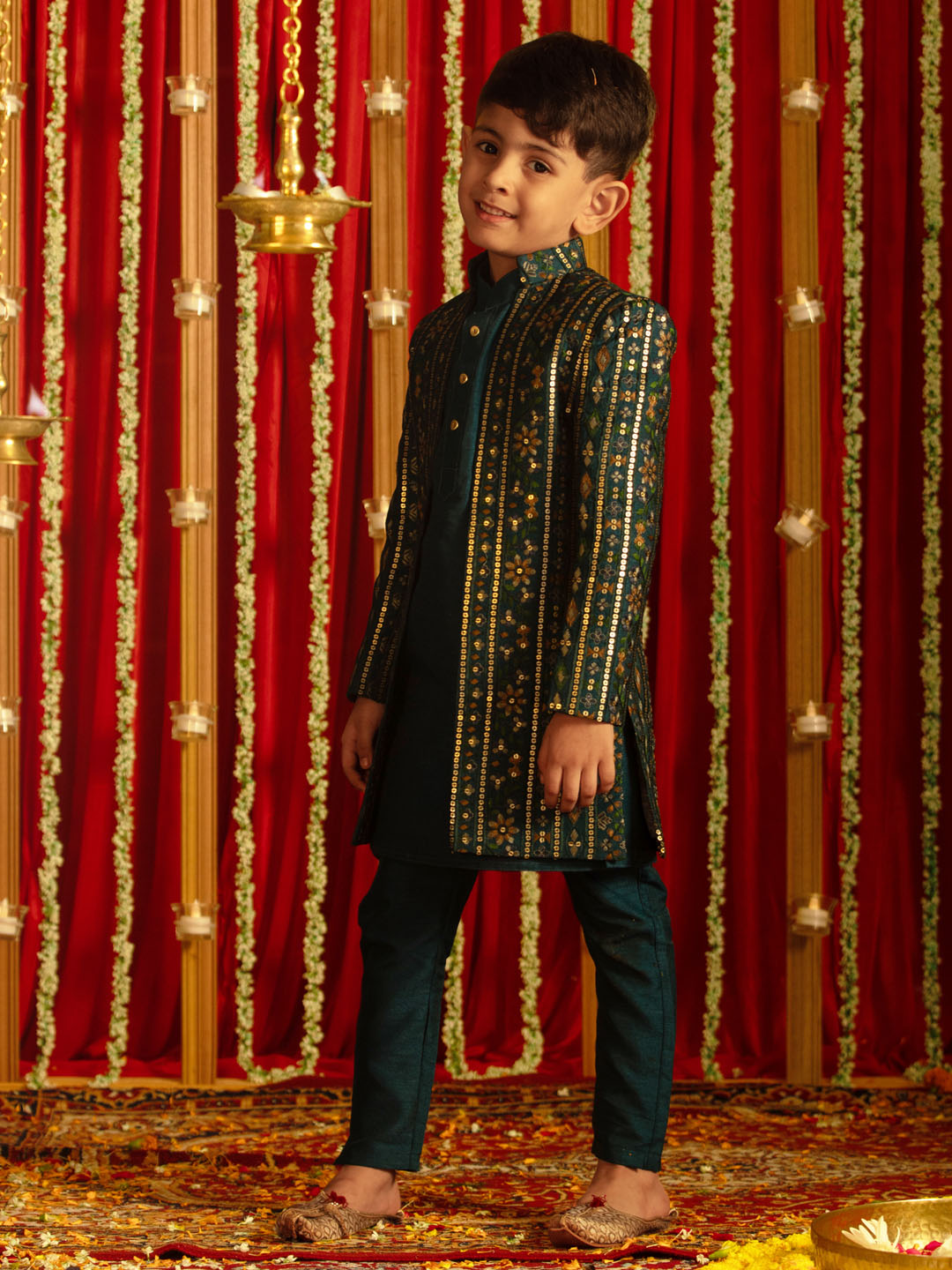 VASTRAMAY Boys' Turquoise Blue Flapped Embroidered Sherwani Set