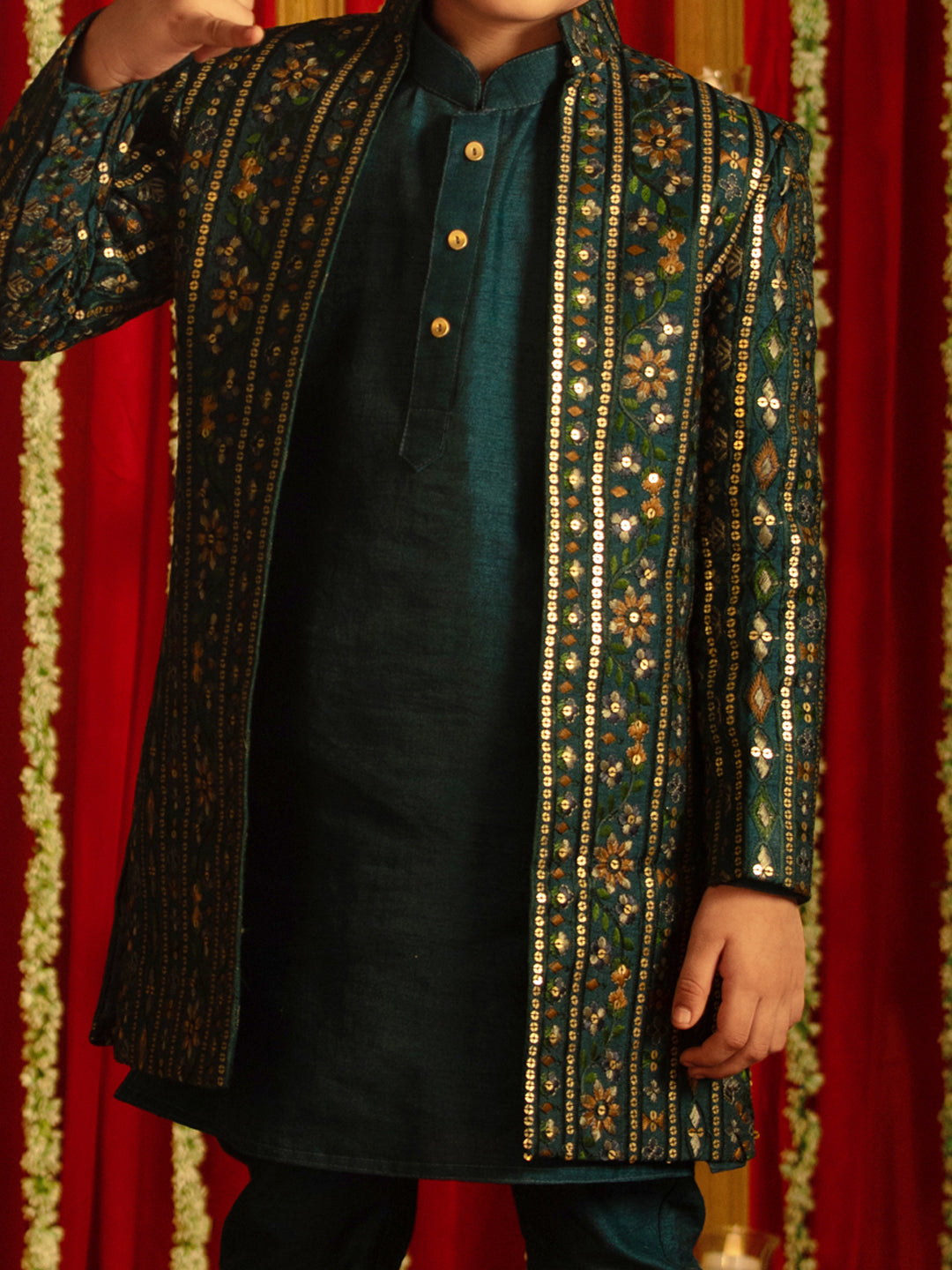 VASTRAMAY Boys' Turquoise Blue Flapped Embroidered Sherwani Set