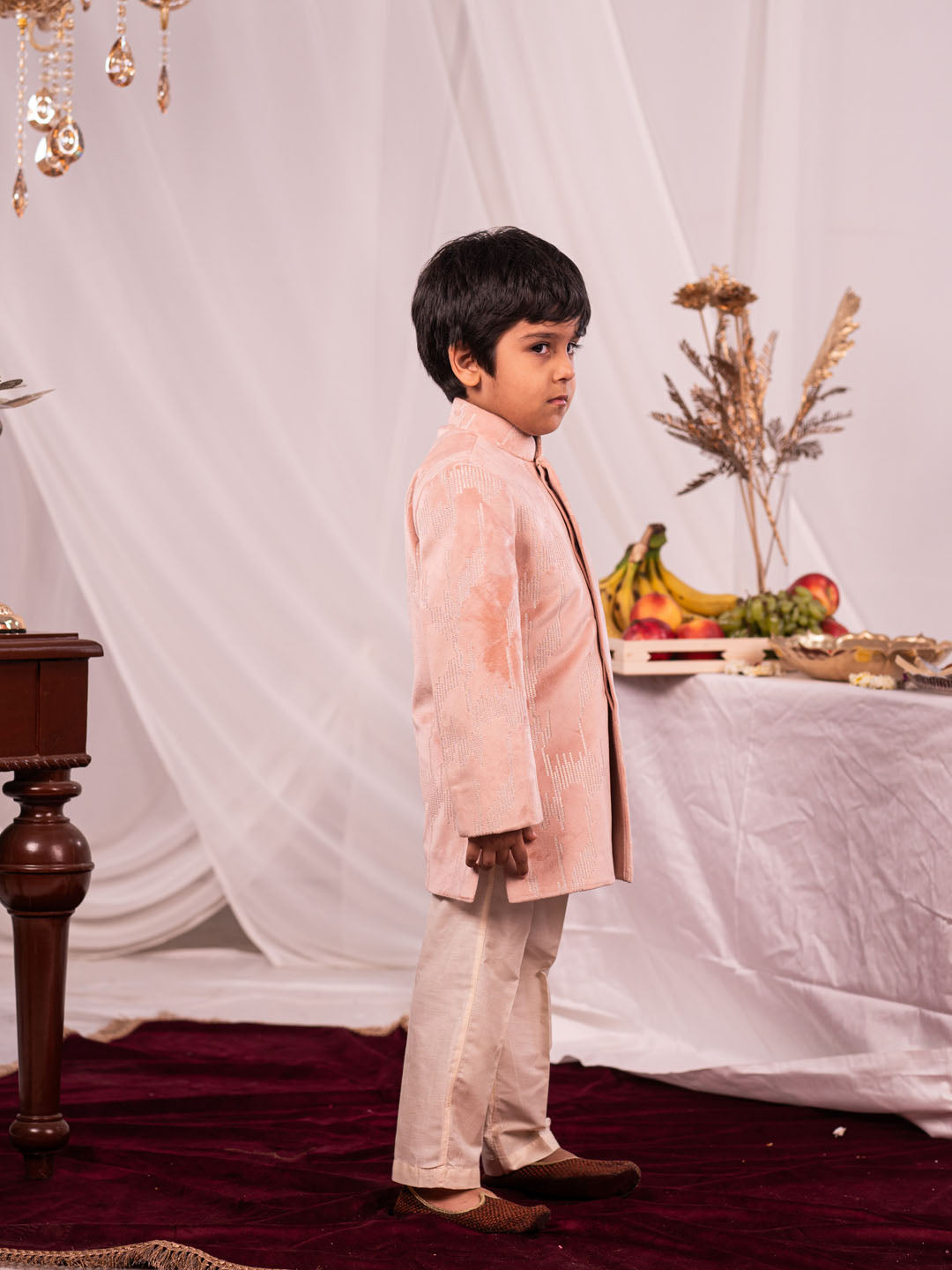 VASTRAMAY Boys' Peach Indo With Cream Pant Set