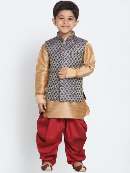 JBN CREATION Boys Rose Gold And Maroon Woven Kurta Set With Brocade Nehru Jacket