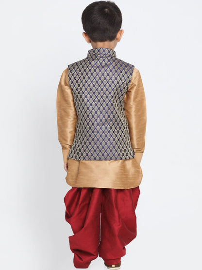 JBN CREATION Boys Rose Gold And Maroon Woven Kurta Set With Brocade Nehru Jacket