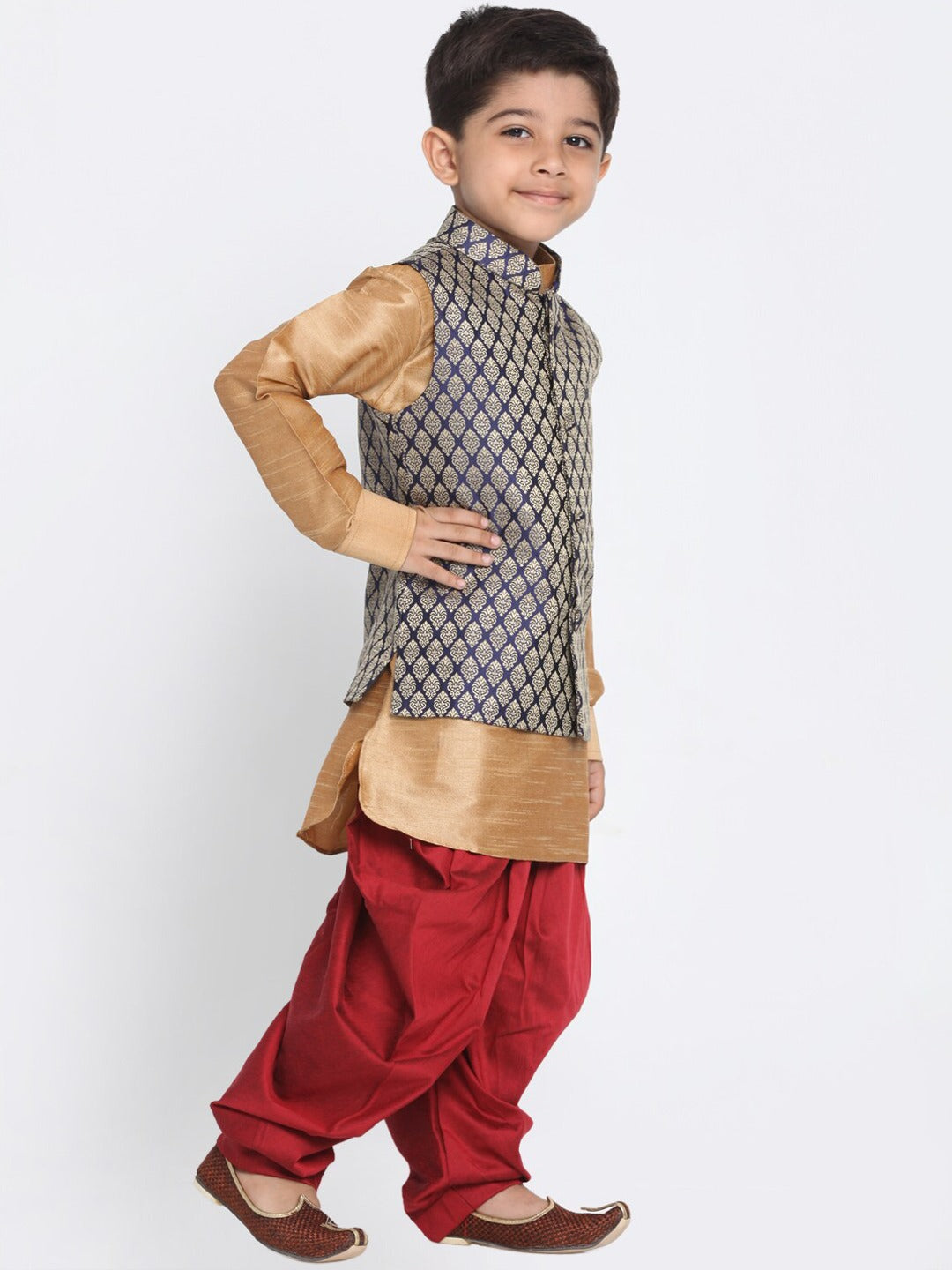 JBN CREATION Boys Rose Gold And Maroon Woven Kurta Set With Brocade Nehru Jacket