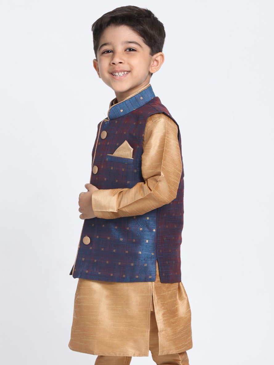 Vastramay Boys Deep Blue Cotton Silk Blend Nehru Jacket