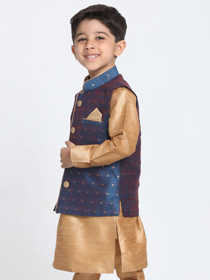 Vastramay Boys Deep Blue Cotton Silk Blend Nehru Jacket