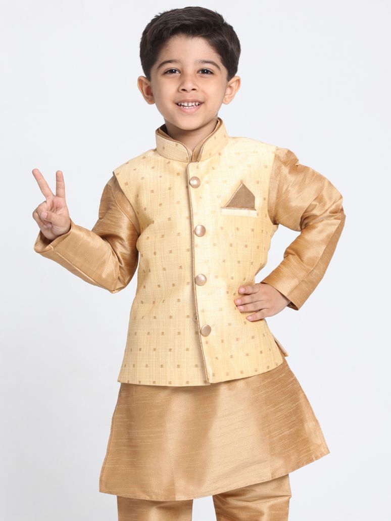 Vastramay  Boys Gold Silk Blend Nehru Jacket