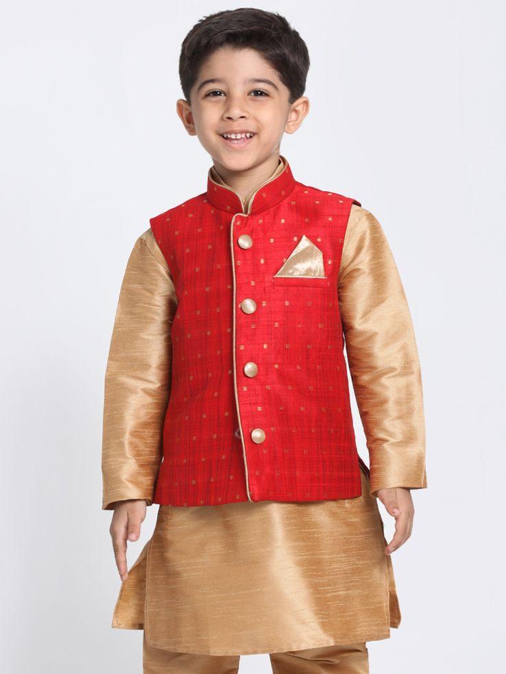 Vastramay  Boys Maroon Woven Design Nehru Jacket