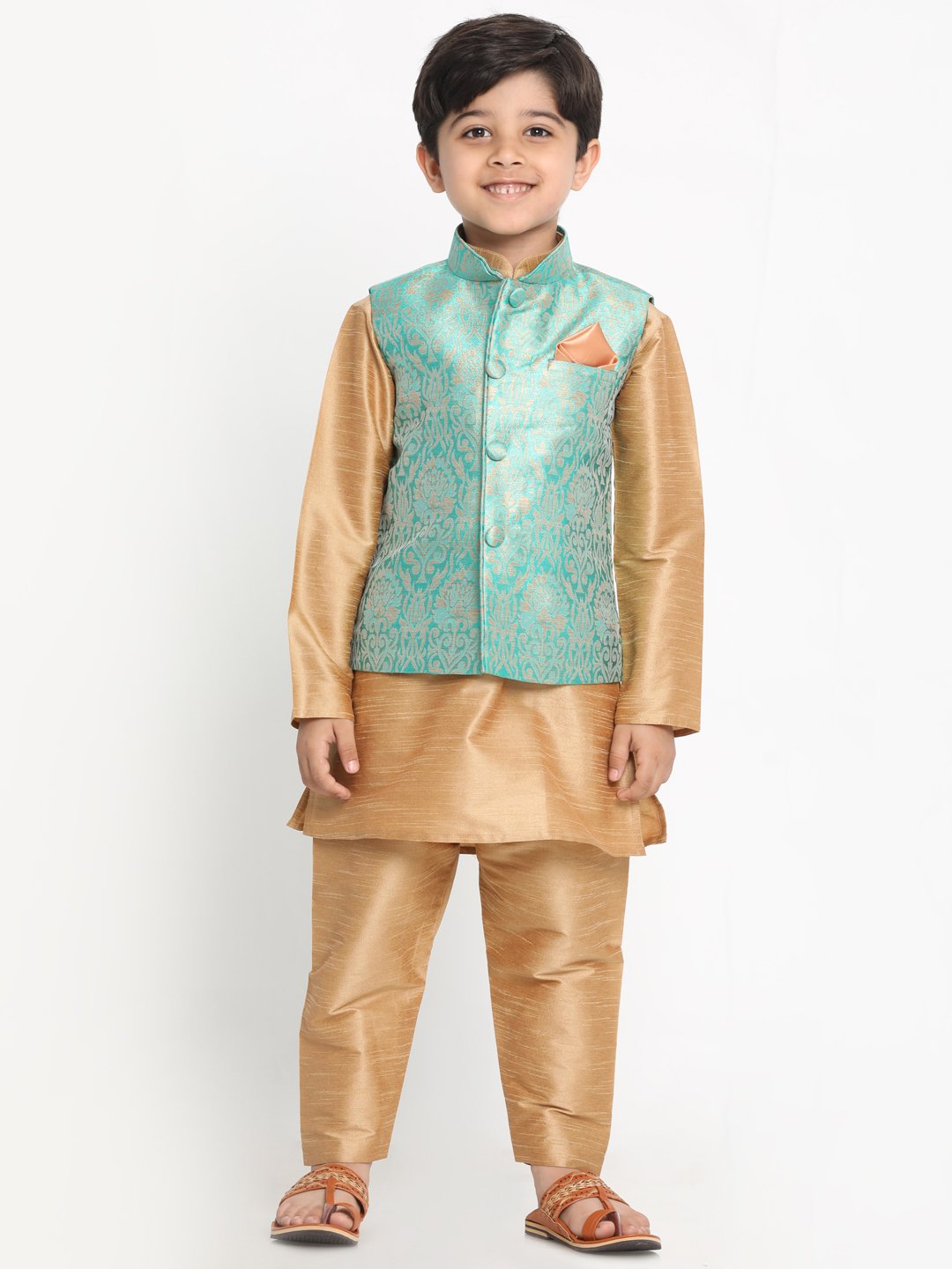 Vastramay Boys Green Silk Blend Kurta, Ethnic Jacket and Pyjama Set