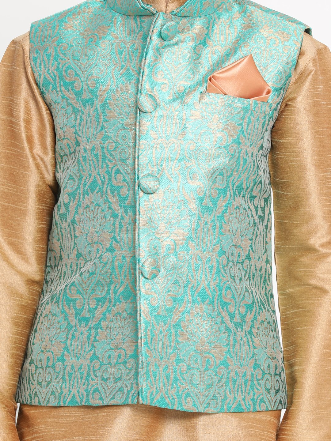 Vastramay Boys Green Silk Blend Kurta, Ethnic Jacket and Pyjama Set