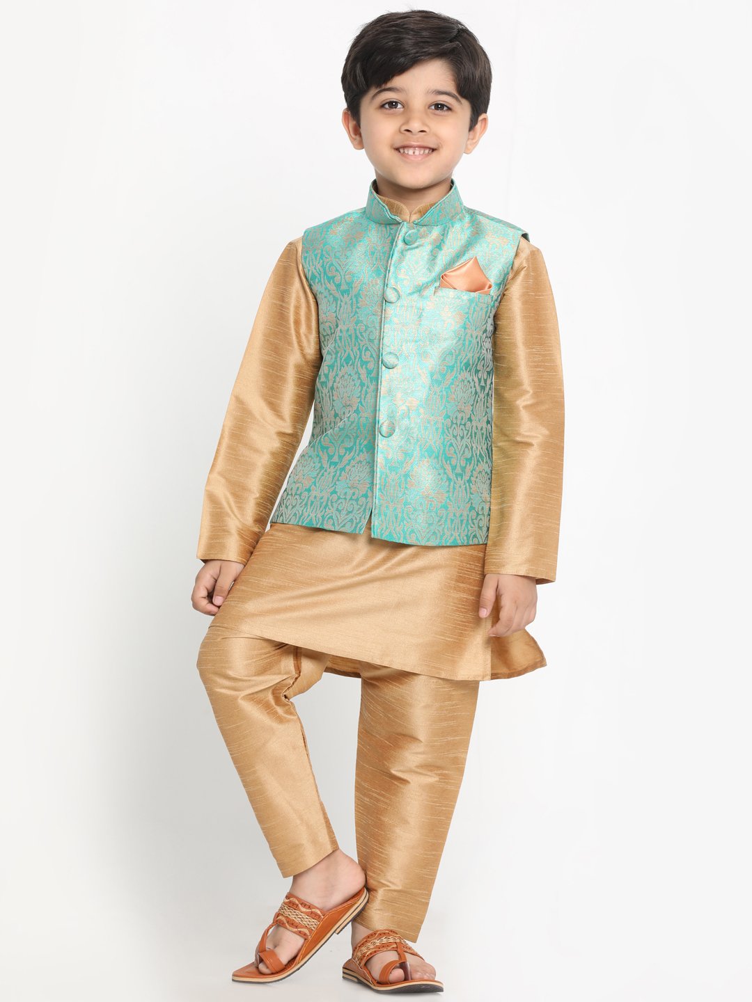 Vastramay Boys Green Silk Blend Kurta, Ethnic Jacket and Pyjama Set