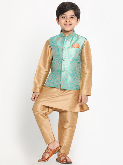 Vastramay Boys Green Silk Blend Kurta, Ethnic Jacket and Pyjama Set