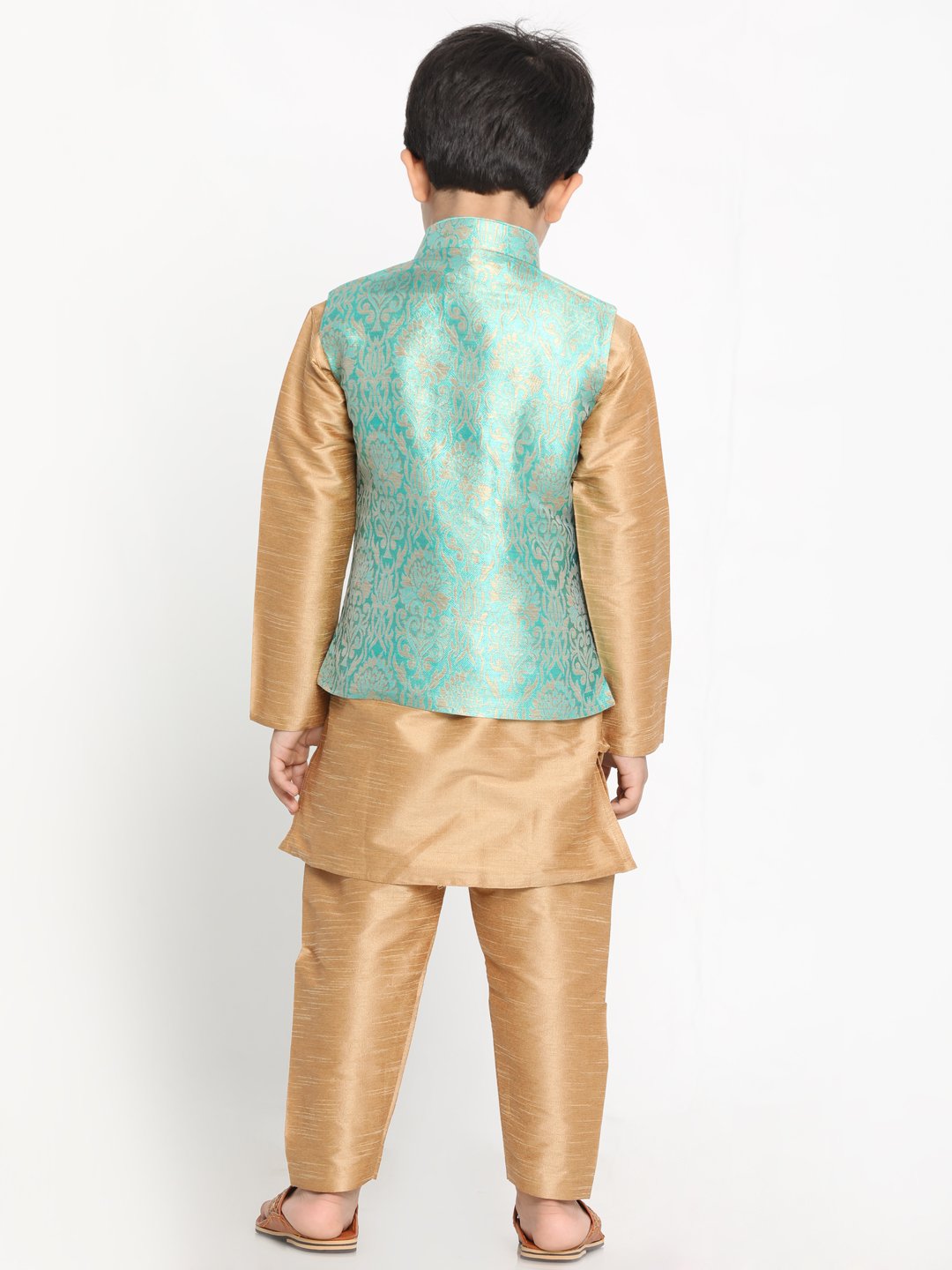 Vastramay Boys Green Silk Blend Kurta, Ethnic Jacket and Pyjama Set