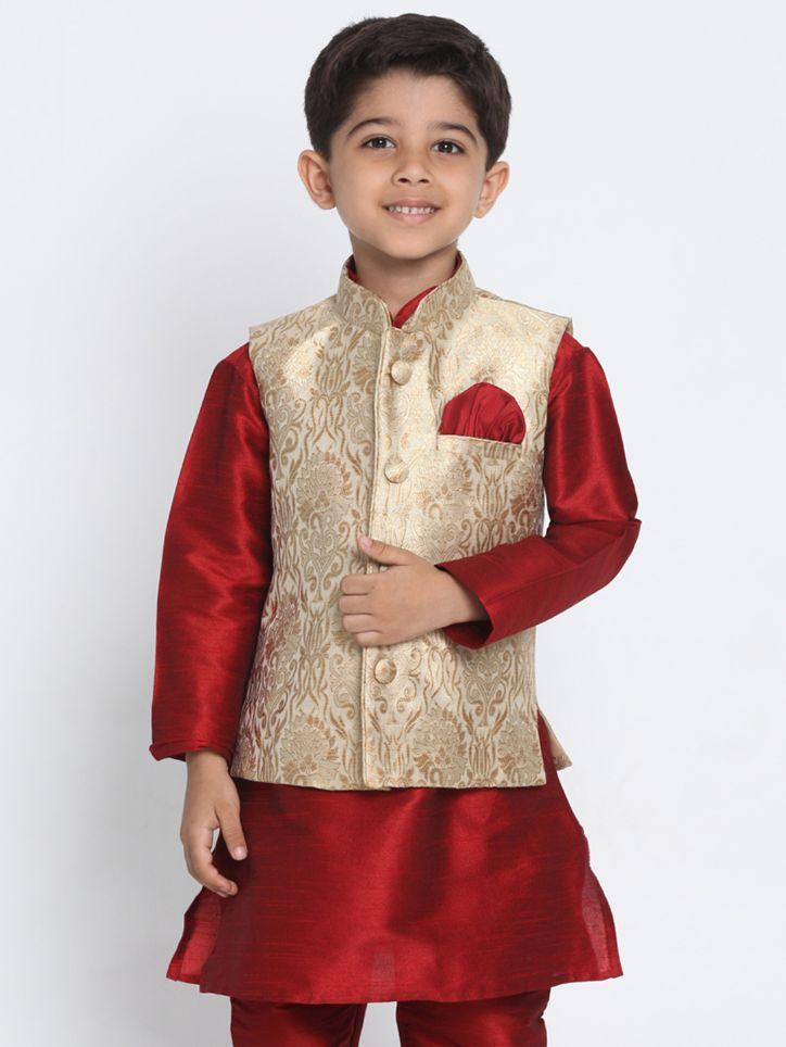 Vastramay Boys Gold Cotton Silk Blend Nehru Jacket