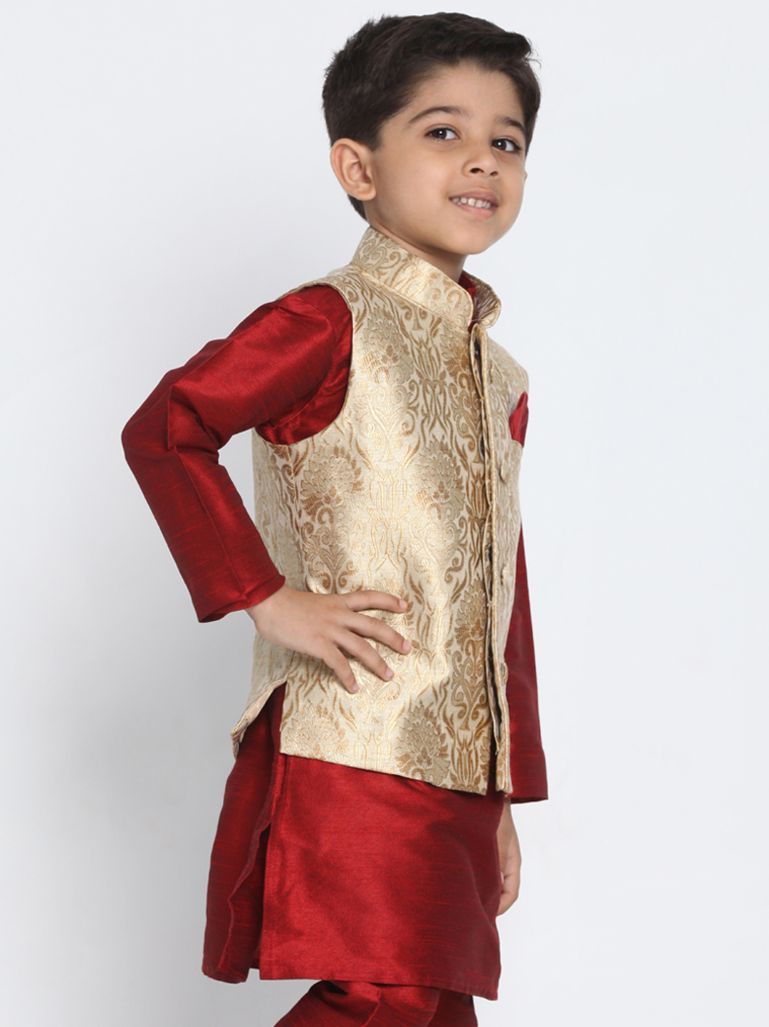 Vastramay Boys Gold Cotton Silk Blend Nehru Jacket