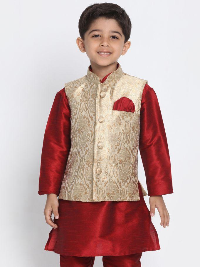 Vastramay Boys Gold Cotton Silk Blend Nehru Jacket