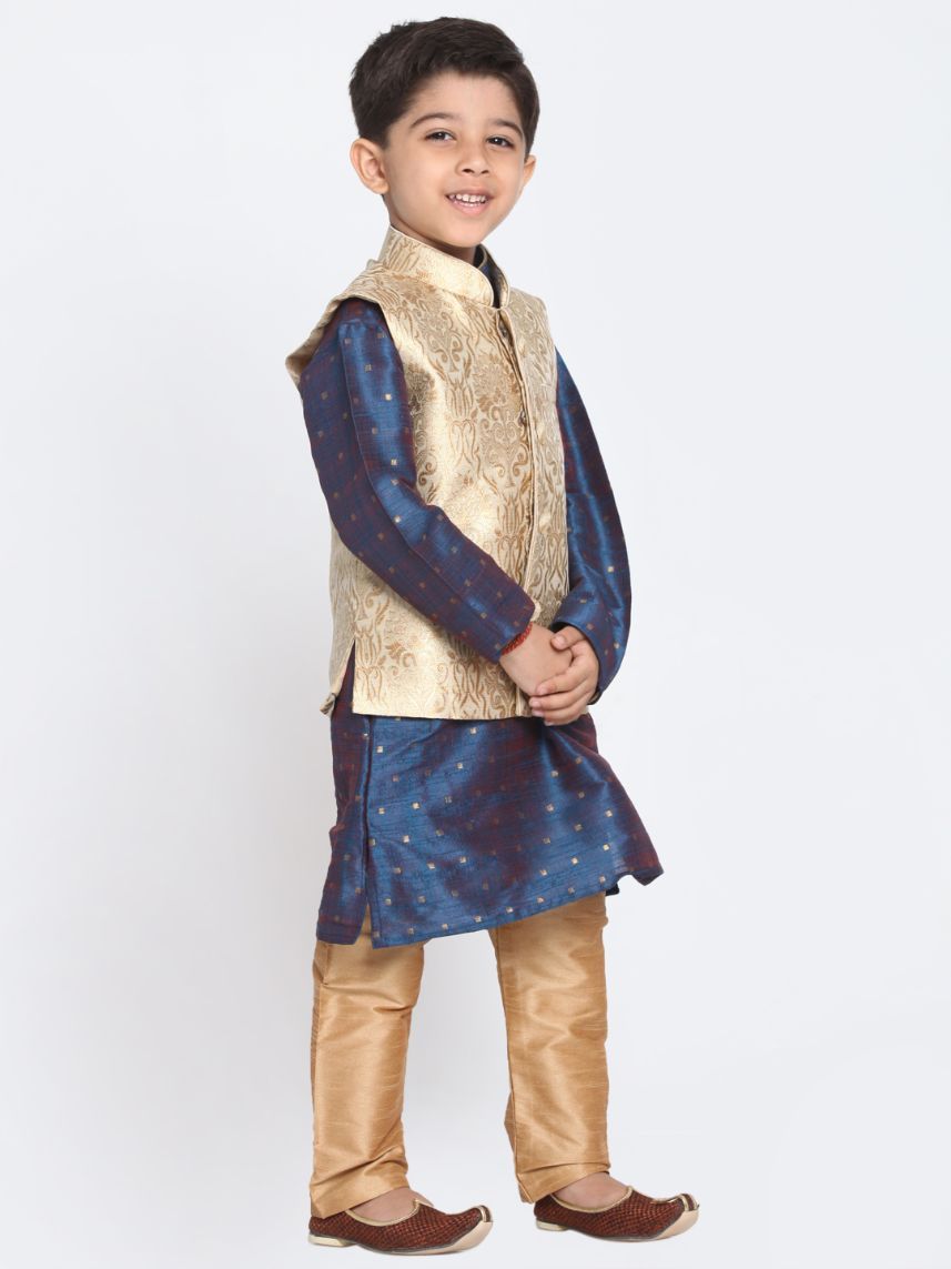 Vastramay Boys Gold Cotton Silk Blend Kurta, Waistcoat and Pyjama Set