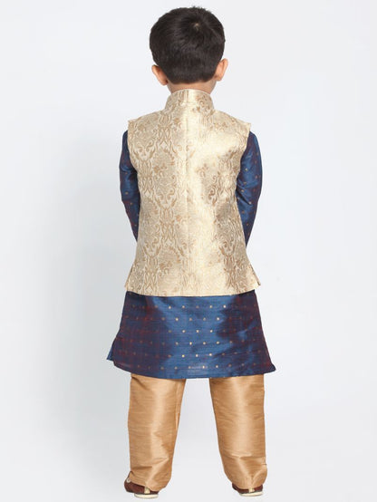 Vastramay Boys Gold Cotton Silk Blend Kurta, Waistcoat and Pyjama Set