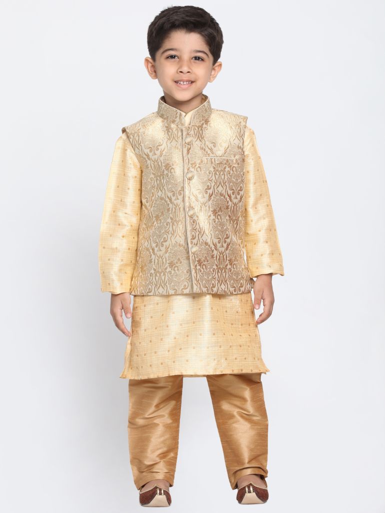 Vastramay Boys Gold Cotton Silk Blend Kurta, Waistcoat and Pyjama Set