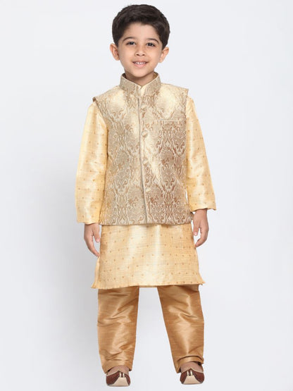 Vastramay Boys Gold Cotton Silk Blend Kurta, Waistcoat and Pyjama Set