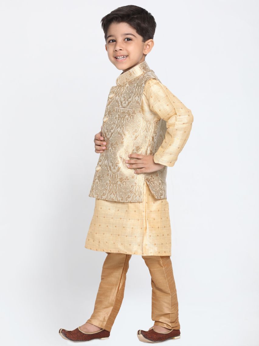 Vastramay Boys Gold Cotton Silk Blend Kurta, Waistcoat and Pyjama Set