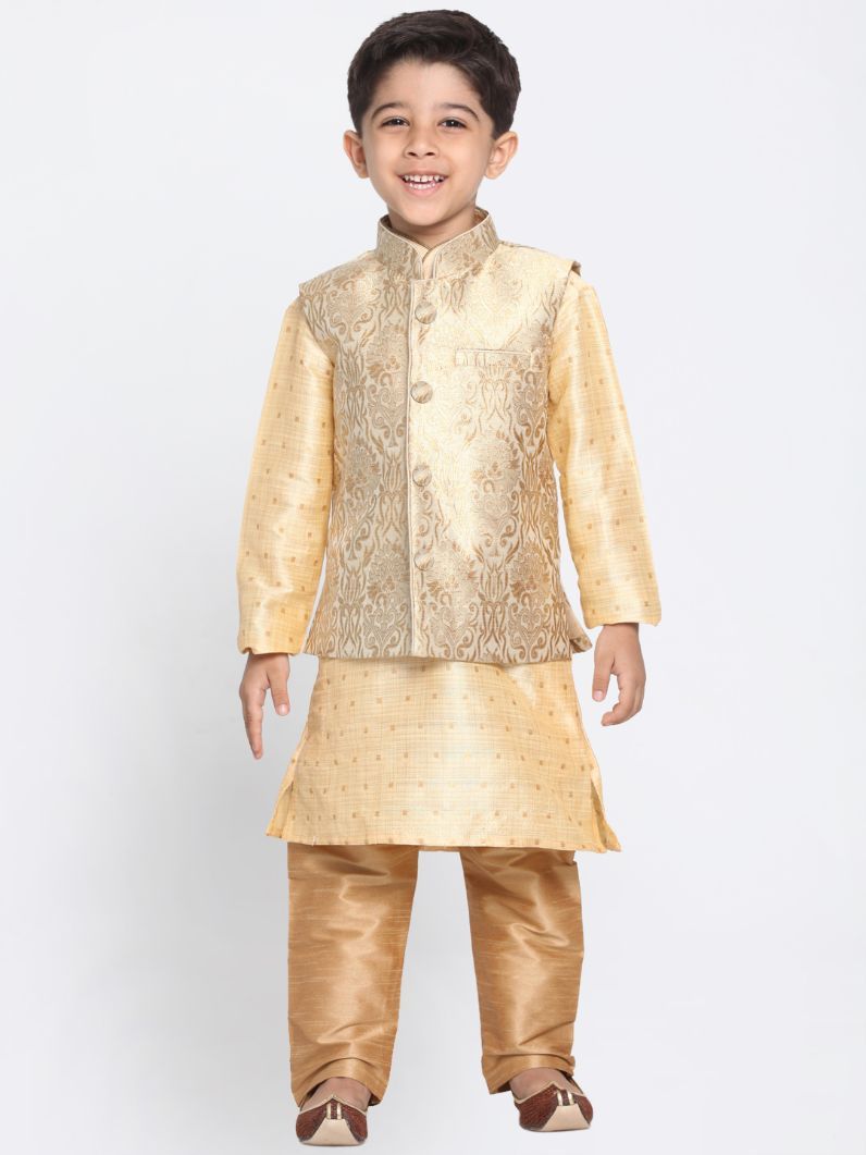 Vastramay Boys Gold Cotton Silk Blend Kurta, Waistcoat and Pyjama Set