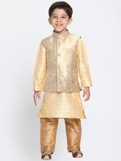 Vastramay Boys Gold Cotton Silk Blend Kurta, Waistcoat and Pyjama Set