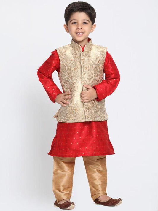 Vastramay Boys Gold Cotton Silk Blend Kurta, Waistcoat and Pyjama Set