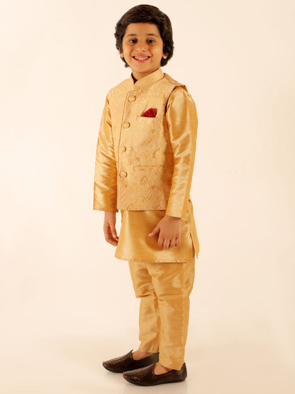 VASTRAMAY Boys Rose Gold Silk Blend Jacket With Kurta Pyjama Set