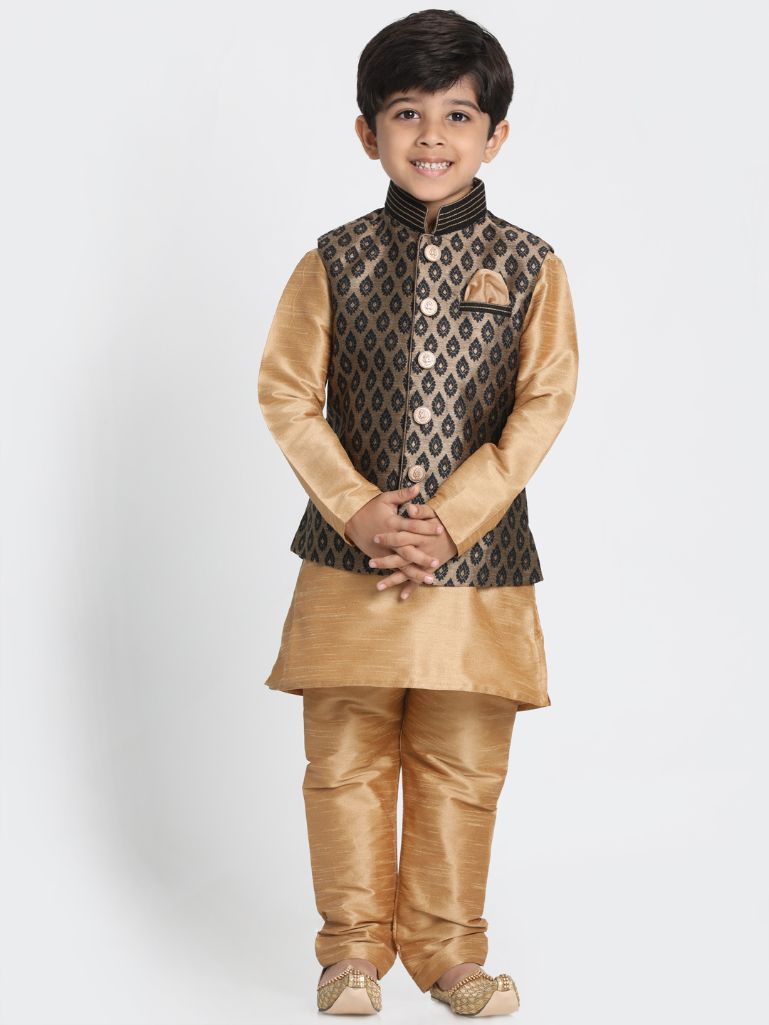 Vastramay  Boys Black Cotton Silk Blend Nehru Jacket