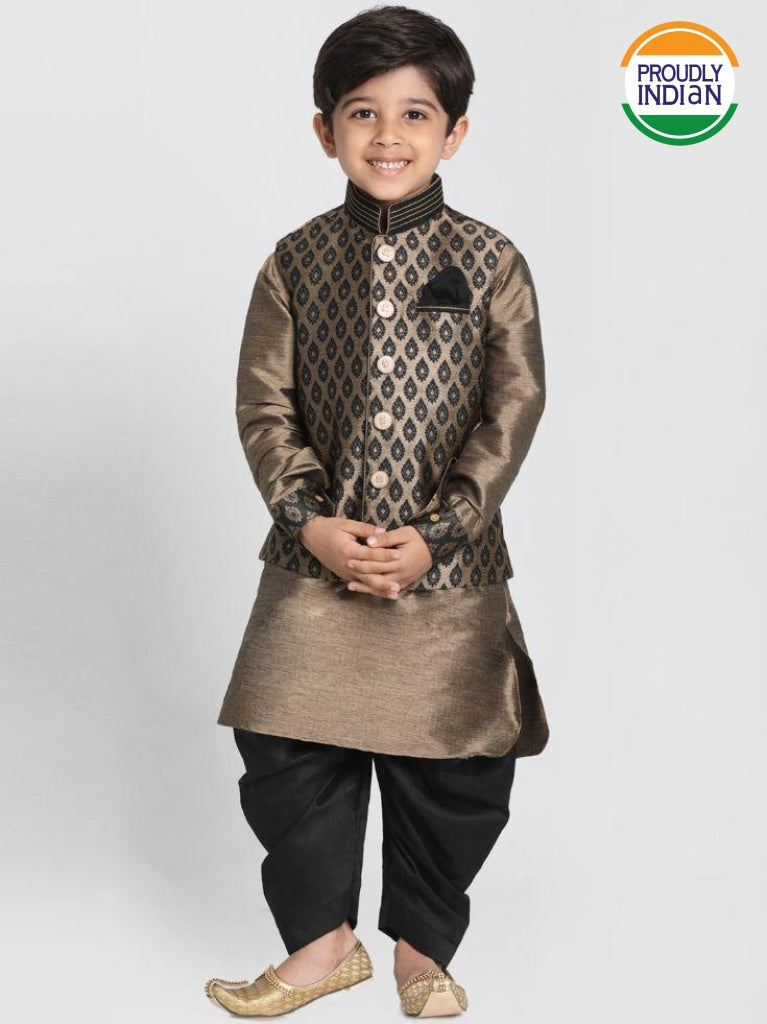 Vastramay Boys' Gold Cotton Silk Blend Ethnic Jacket, Kurta and Dhoti Pant Set