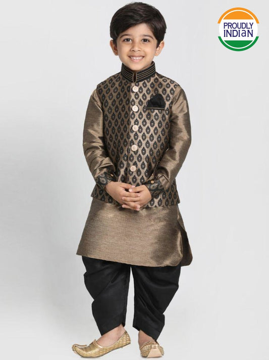 Vastramay Boys' Gold Cotton Silk Blend Ethnic Jacket, Kurta and Dhoti Pant Set