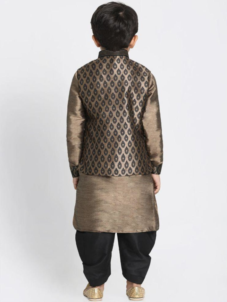 Vastramay Boys' Gold Cotton Silk Blend Ethnic Jacket, Kurta and Dhoti Pant Set