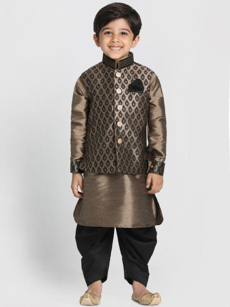 Vastramay Boys' Gold Cotton Silk Blend Ethnic Jacket, Kurta and Dhoti Pant Set