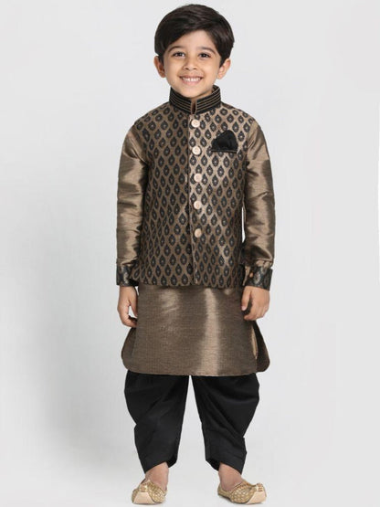 Vastramay Boys' Gold Cotton Silk Blend Ethnic Jacket, Kurta and Dhoti Pant Set