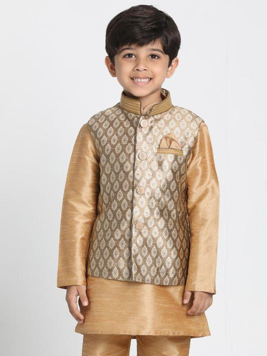 Vastramay  Boys' Gold Cotton Silk Blend Nehru Jacket