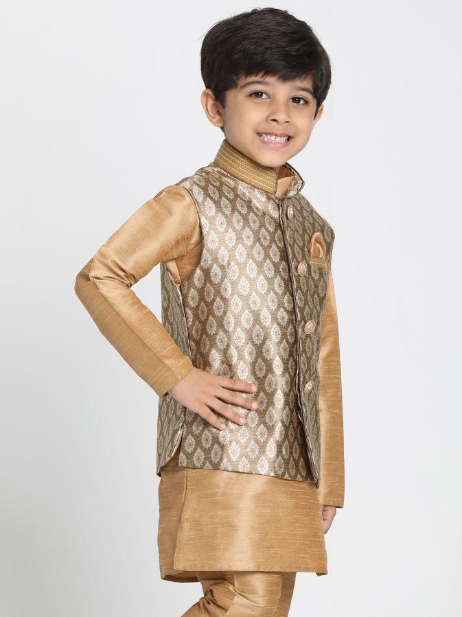 Vastramay  Boys' Gold Cotton Silk Blend Nehru Jacket