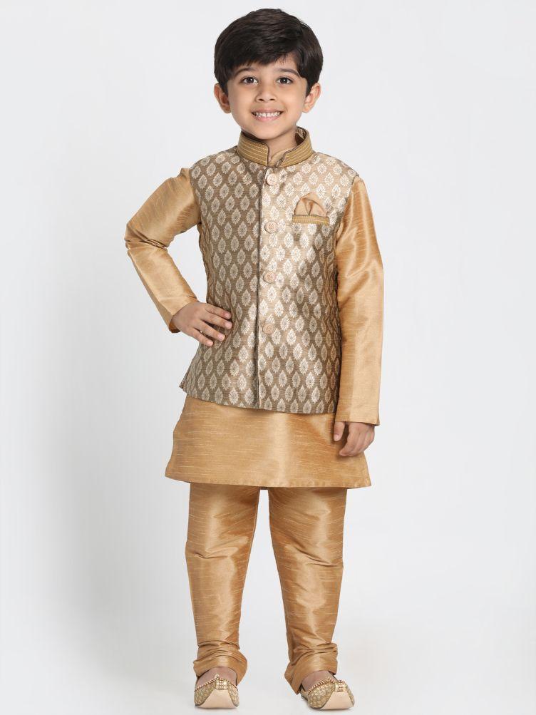 Vastramay  Boys' Gold Cotton Silk Blend Nehru Jacket