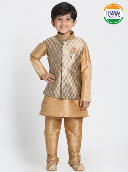 Vastramay Boys' Gold Cotton Silk Blend Kurta, Waistcoat and Pyjama Set