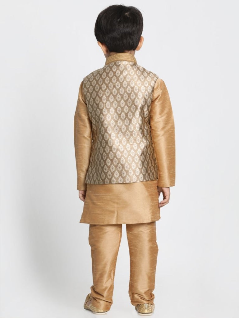 Vastramay Boys' Gold Cotton Silk Blend Kurta, Waistcoat and Pyjama Set