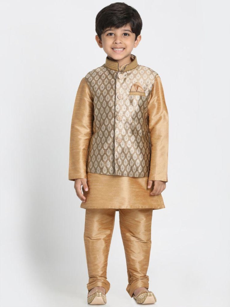 Vastramay Boys' Gold Cotton Silk Blend Kurta, Waistcoat and Pyjama Set