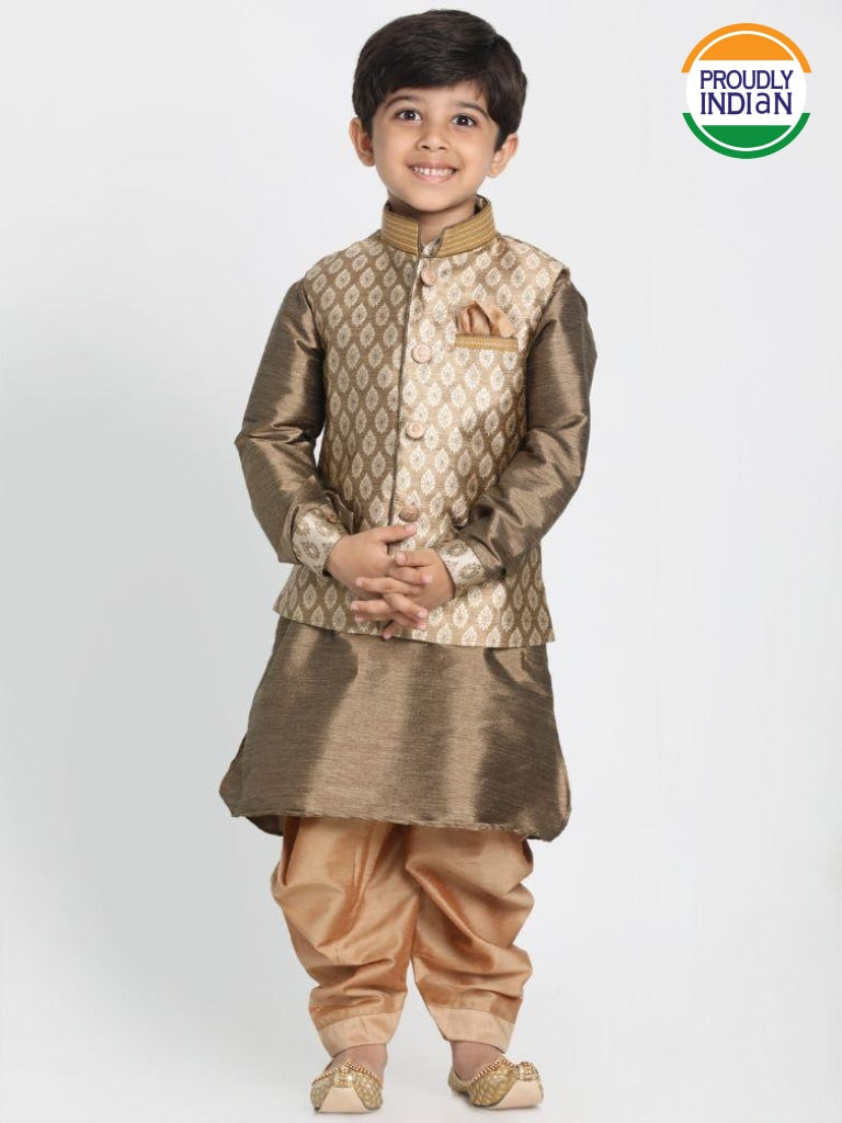 Vastramay Boys' Gold Cotton Silk Blend Ethnic Jacket, Kurta and Dhoti Pant Set