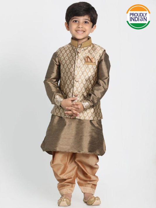 Vastramay Boys' Gold Cotton Silk Blend Ethnic Jacket, Kurta and Dhoti Pant Set