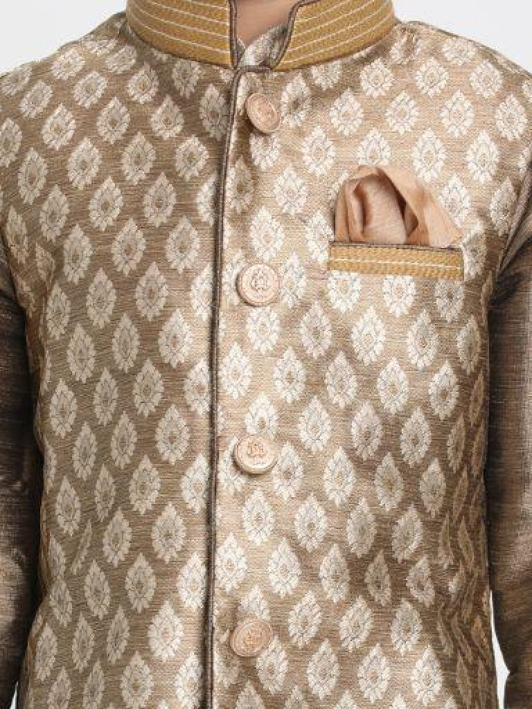 Vastramay Boys' Gold Cotton Silk Blend Ethnic Jacket, Kurta and Dhoti Pant Set