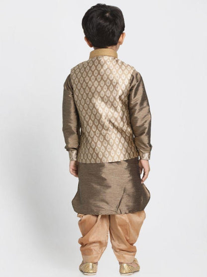 Vastramay Boys' Gold Cotton Silk Blend Ethnic Jacket, Kurta and Dhoti Pant Set