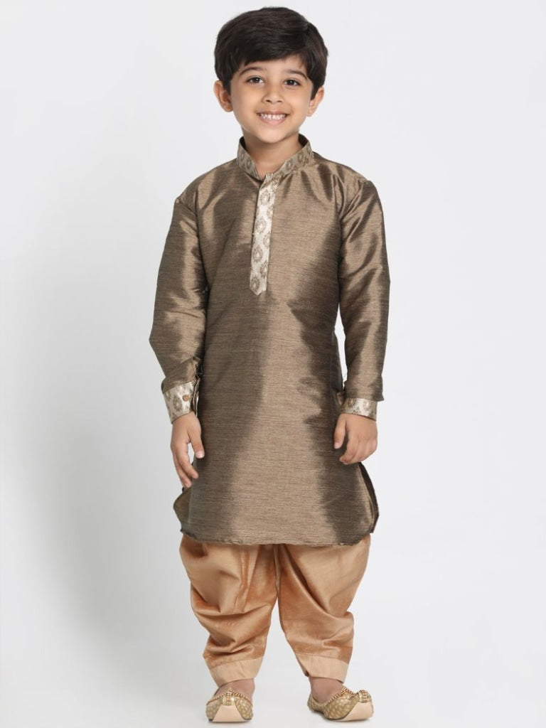 Vastramay Boys' Gold Cotton Silk Blend Ethnic Jacket, Kurta and Dhoti Pant Set