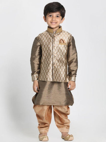 Vastramay Boys' Gold Cotton Silk Blend Ethnic Jacket, Kurta and Dhoti Pant Set
